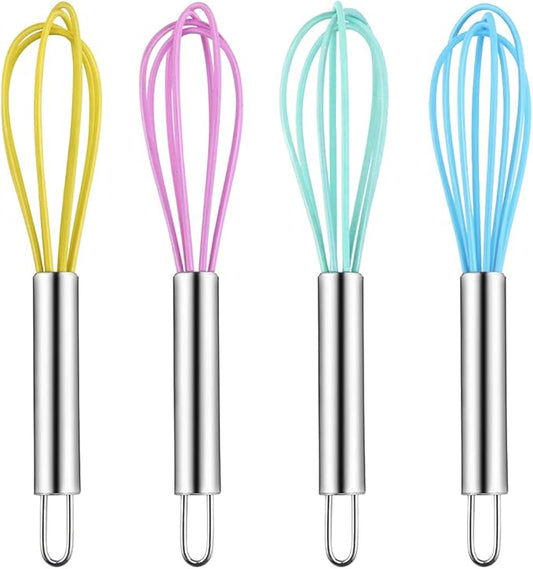 4 Pack Colorful Mini Silicone Kitchen Whisks with Stainless Steel Handles for Milk Egg Blending Stirring Whisking and Beating(4 Colors,6 Inches) by Newbested