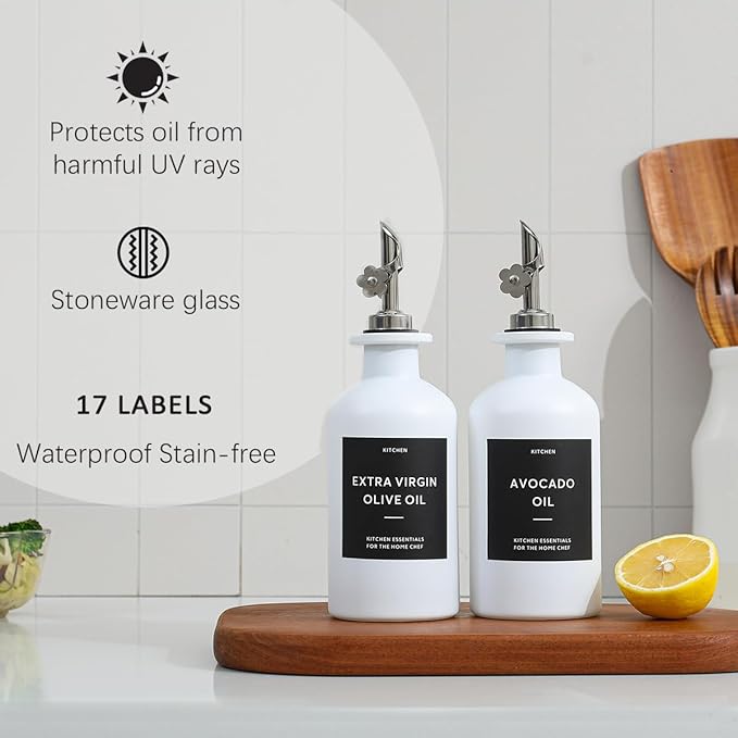 HOMCDALY Olive Oil Dispenser for Kitchen, 11.8oz Glass kitchen Dispenser Bottle, White Oil&Vinegar Cruet Set, Leakproof Oil Bottle for Cooking| Set of 2 (11.8oz – White) - Image 7
