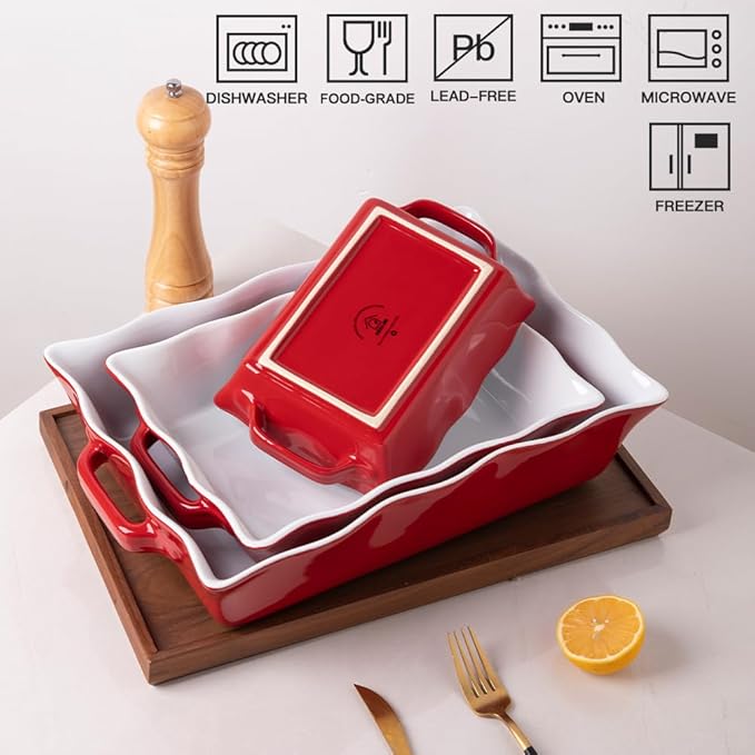 Sweejar Casserole Dishes for Oven, Ceramic Bakeware Set of 3, Rectangular Baking dish with Handles, Wave Edge Lasagna Pan Deep for Cooking, Cake, Dinner, Banquet and Daily Use (Red) - Image 5
