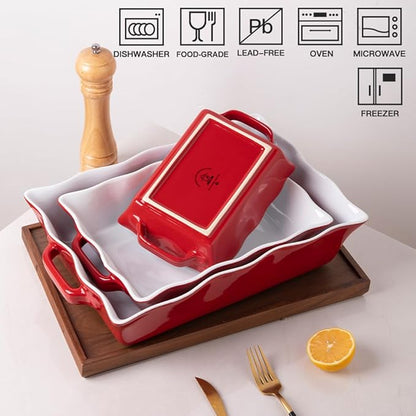 Sweejar Casserole Dishes for Oven, Ceramic Bakeware Set of 3, Rectangular Baking dish with Handles, Wave Edge Lasagna Pan Deep for Cooking, Cake, Dinner, Banquet and Daily Use (Red) - Image 5