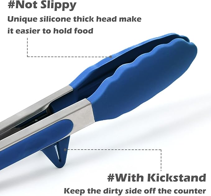 Kitchen Tongs, 9 Inch Tongs for Cooking with Silicone Tips, Food Grade Small Silicone Tongs, Mini Serving Tongs for Nonstick Pans, BBQ, Salad, Set of 3, Blue - Image 2