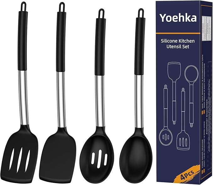 Yoehka Silicone Cooking Utensils Set for Nonstick Cookware, 4Pcs Heat Resistant Kitchen Silicone Spatula and Spoon Set with Stainless Steel Handle, Mixing, Flipping, Turning, Stirring, Black by Yoehka