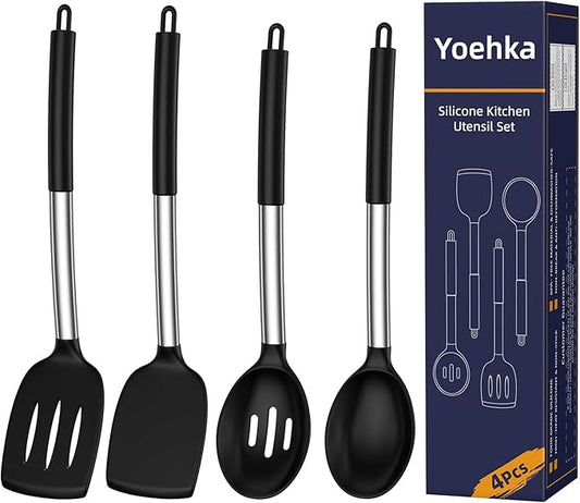 Yoehka Silicone Cooking Utensils Set for Nonstick Cookware, 4Pcs Heat Resistant Kitchen Silicone Spatula and Spoon Set with Stainless Steel Handle, Mixing, Flipping, Turning, Stirring, Black by Yoehka