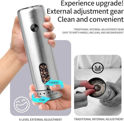 Upgraded Larger 110ml CapacityElectric Salt & Pepper Grinder Set of 2 with LED Light,6 Adjustable Coarseness,Stainless Steel with USB C Charging Dual Rechargeable Base for Women &Men