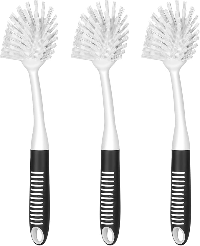 SetSail Dish Brush with Handle, 3 Pack Stiff Bristles Dish Scrubber with Built-in Scraper Dish Scrub Brushes for Cleaning Dishes, Pots and Pans, Kitchen Sink, 3 Pack, Black White by SetSail