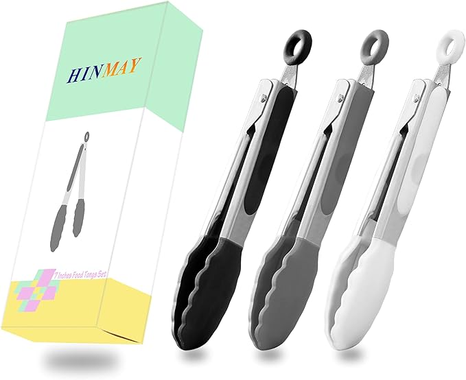 HINMAY Small Silicone Tongs 7-Inch Mini Serving Tongs, Set of 3 (Black Gray White) - Image 5