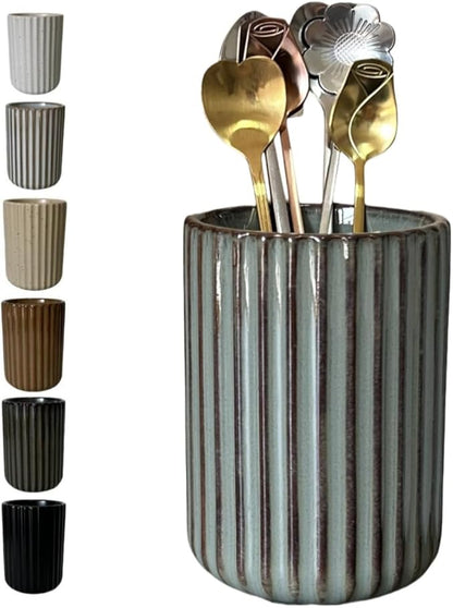 TOPYOKK Stoneware Coffee Bar Utensil Holder Tea & Coffee Spoon & Stirrer Holder for Stir Stick Straw Teaspoon Holder Spoon Cup Small Utensil Jar Fluted Vertical Stripe (Retro Grey) by TOPYOKK