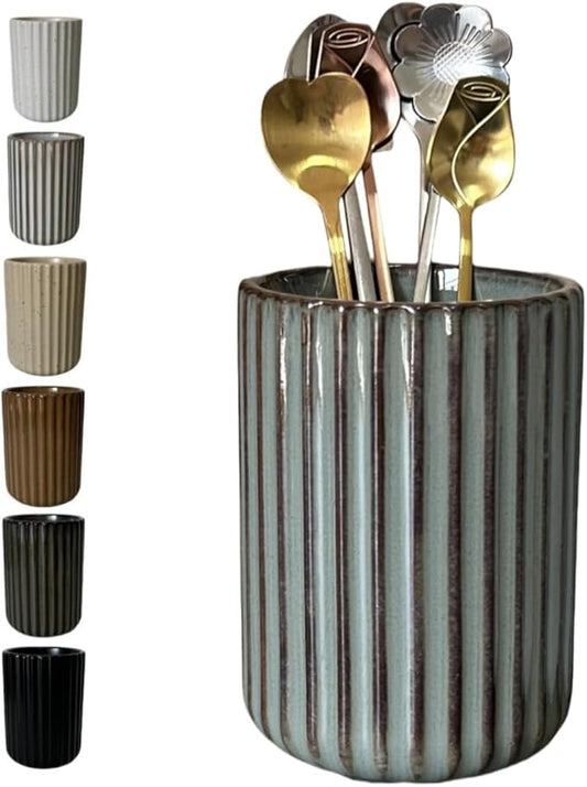 TOPYOKK Stoneware Coffee Bar Utensil Holder Tea & Coffee Spoon & Stirrer Holder for Stir Stick Straw Teaspoon Holder Spoon Cup Small Utensil Jar Fluted Vertical Stripe (Retro Grey) by TOPYOKK