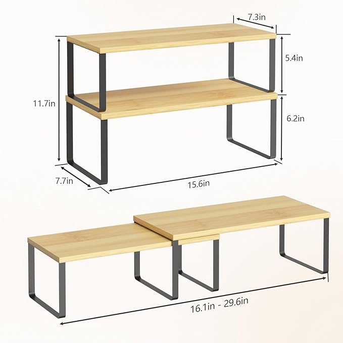 NEX Kitchen Cabinet and Counter Shelf Organizer, Stackable & Expandable, Set of 4, Black and Natural - 7.7 x 15.6 x 6.2'' - Image 3