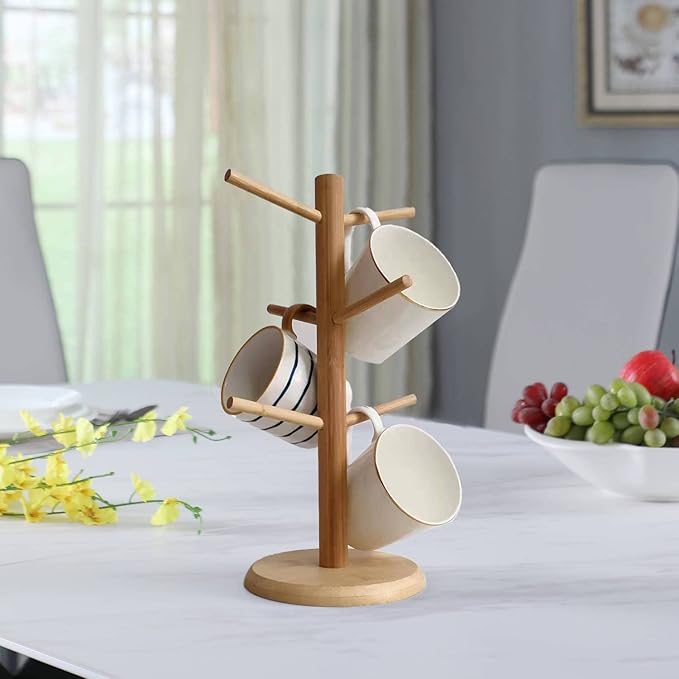 Dorhors Mug Tree,Coffee Cup Holder with 6 Hooks,Wood Mug Holder for Counter,Coffee Bar Accessories and Orgnizer station (Natural)