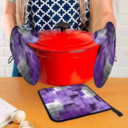 LOKMU Oven Mitts and Pot Holders Set of 3, Purple and Grey White Abstract Art Heat Resistant Kitchen Gloves Hot Pads for Cooking Baking BBQ, Kitchen Decor Gifts for Cooking Lover Cooks