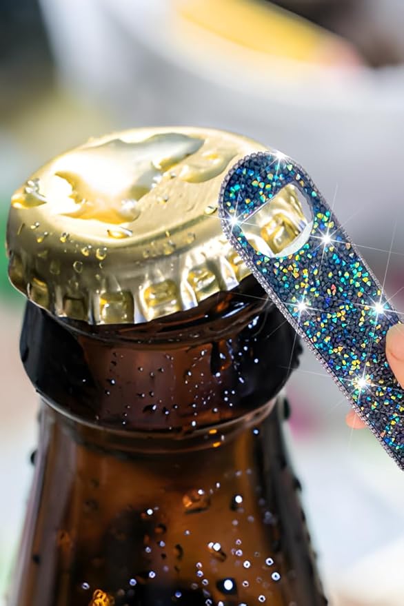 Bling Diamond Beer Opener Set - 2 Pcs Black Crystal Bottle Opener with Glitter Sparkle for Bartenders, Home, Party, Bar & Wedding - Handcrafted for Both Women & Men