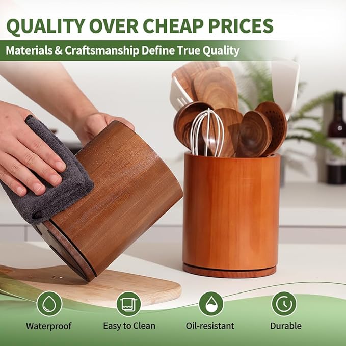Wooden Utensil Holder, 360°Rotating 7.3'' Large Utensil Holder for Kitchen Counter, Kitchen Utensil Organizer, Utensil Crock, Farmhouse Kitchens Countertop Decor, Walnut-finish - Image 4