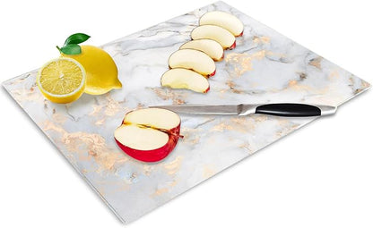 JAMBALAY Tempered Glass Cutting Board for Kitchen, 16"x12" Gold Glass Cutting Board with Design, Marble Chopping Board with Non Slip Feet, Heat & Scratch Resistant, Dishwasher Safe