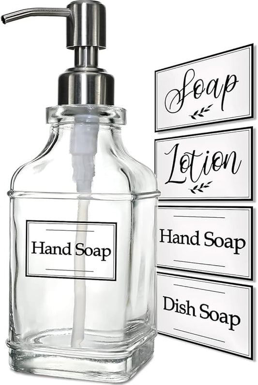 JASAI Antique Design Soap Dispenser with Rust Proof 304 Stainless Steel Pump, Refillable Glass Soap Dispenser with 10Pcs Clear Stickers, Premium Kitchen & Bathroom Soap Dispenser by JASAIHOME