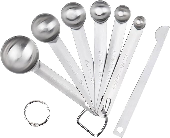 Upgrade Stainless Steel Measuring Spoons Set, Small Tablespoon, Teaspoons, Set 6 with Bonus Leveler, Etched Markings and Removable Clasp for Dry and Liquid, Fits in Spice Jars by Aovchei