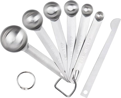 Upgrade Stainless Steel Measuring Spoons Set, Small Tablespoon, Teaspoons, Set 6 with Bonus Leveler, Etched Markings and Removable Clasp for Dry and Liquid, Fits in Spice Jars by Aovchei