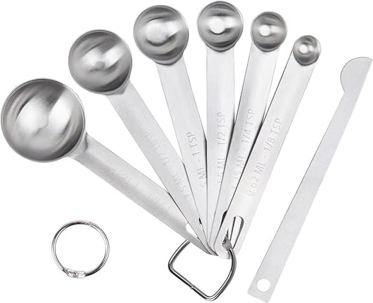 Upgrade Stainless Steel Measuring Spoons Set, Small Tablespoon, Teaspoons, Set 6 with Bonus Leveler, Etched Markings and Removable Clasp for Dry and Liquid, Fits in Spice Jars by Aovchei