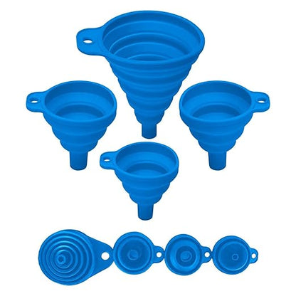 Set of 4 Silicone Collapsible Kitchen Funnel - X-Small to Large Sizes for Easy Liquid Transfer Food Grade Silicone Collapsible Gadgets (Blue)