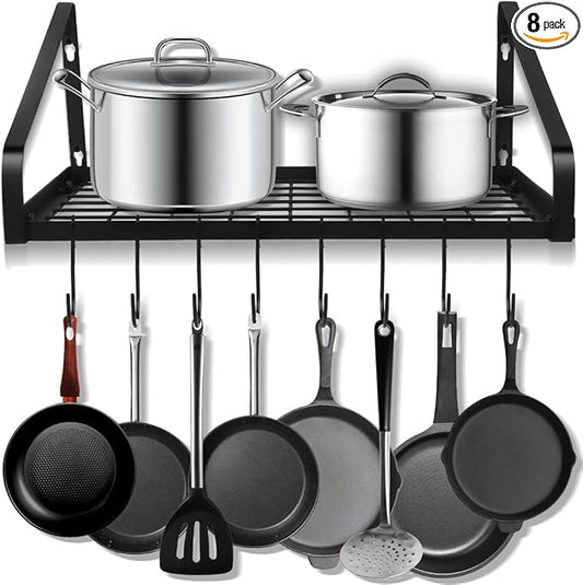 Felibeaco Hanging Pots & Pans Rack,Wall Mounted Pots Pans Organizer Holder Rack with 8 Hooks, Kitchen Wall Storage Organizer Hanger Shelves for Pans Set, Utensils, Cookware, Books, Household,Black by MakeYourLifeEasier