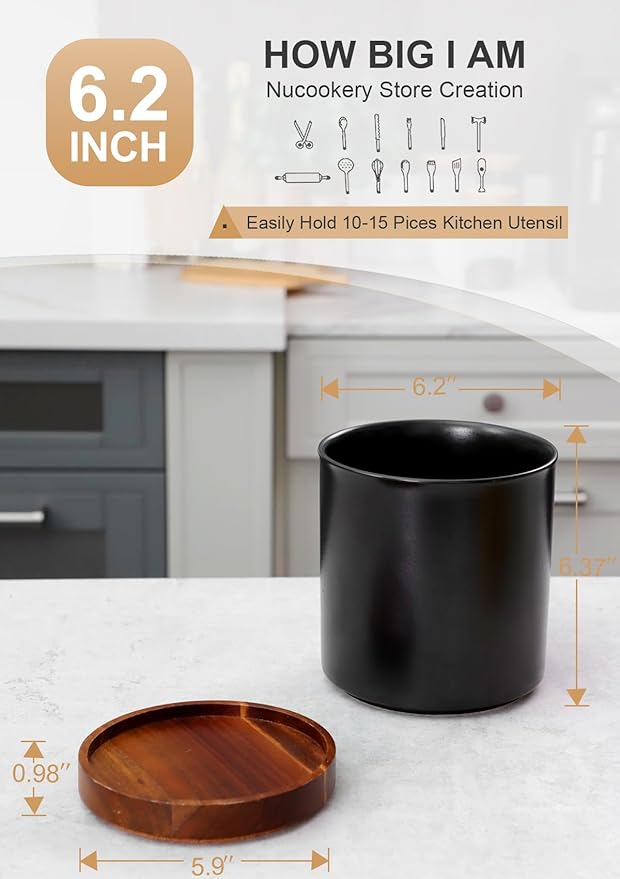 Nucookery 360°Rotating Utensil Holder, 7.2" Large Utensil Crock, White Ceramic Cooking Utensil Organizer,Farmhouse Kitchen Decor Christmas Thanksgiving Gift (Stone Black) - Image 2