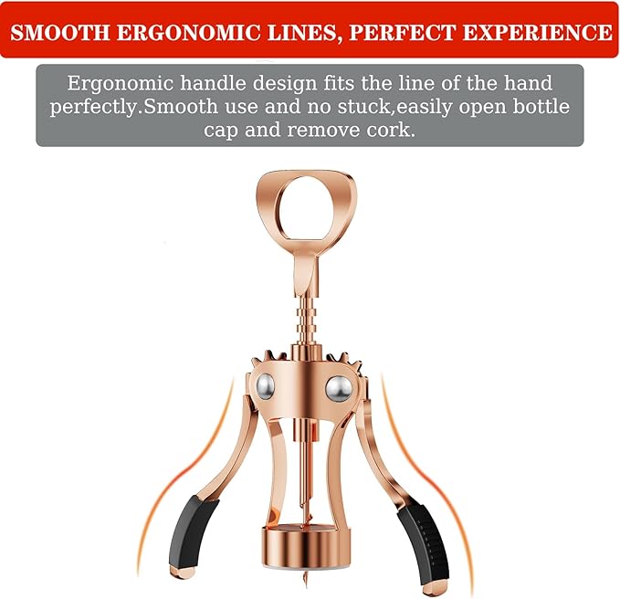 KORCCI Wine Opener, Heavy-Duty Zinc Alloy Wing Corkscrew, Premium Beer Bottle Opener, Multifunctional Wine Accessories with Ergonomic Handle and Sharp Screw, for Kitchen, Bar, Restaurant (Rose Gold) - Image 6