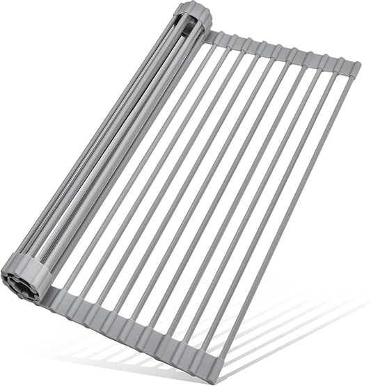MERRYBOX Roll Up Dish Drying Rack, Silicone Wrapped Over The Sink Dish Rack Foldable Dish Drainer Anti-Slip Dish Racks for Kitchen Counter, Multipurpose Kitchen Sink Drying Rack, 18" x 13", Light Gray by MERRYBOX