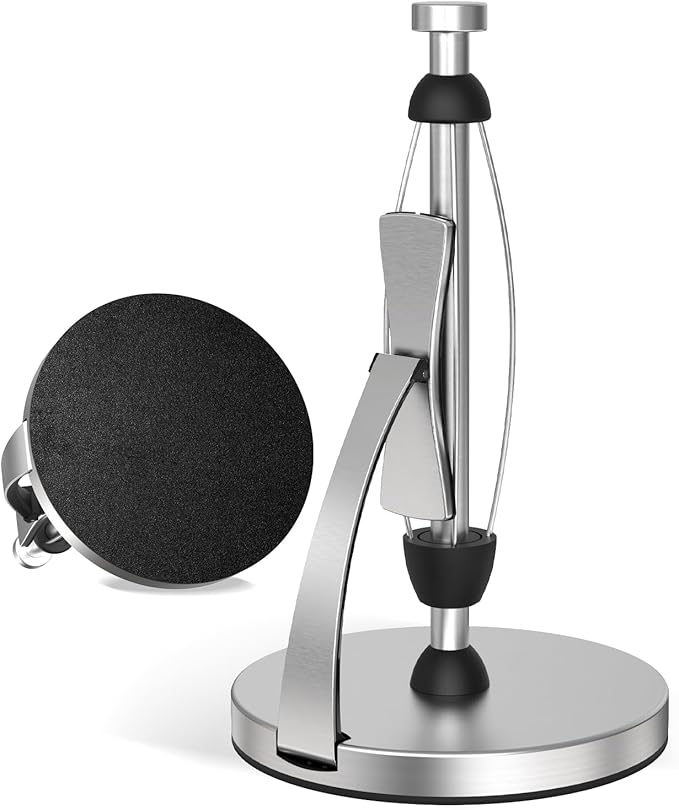 VEHHE Paper Towel Holder Countertop, One-Handed Tear, Stainless Steel, Stand Paper Towel Holder with Spring Activated Arm & Non Slip Weighted Base, for Kitchen Bathroom (Silver) by VEHHE
