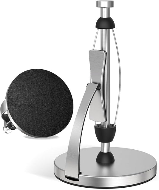 VEHHE Paper Towel Holder Countertop, One-Handed Tear, Stainless Steel, Stand Paper Towel Holder with Spring Activated Arm & Non Slip Weighted Base, for Kitchen Bathroom (Silver) by VEHHE