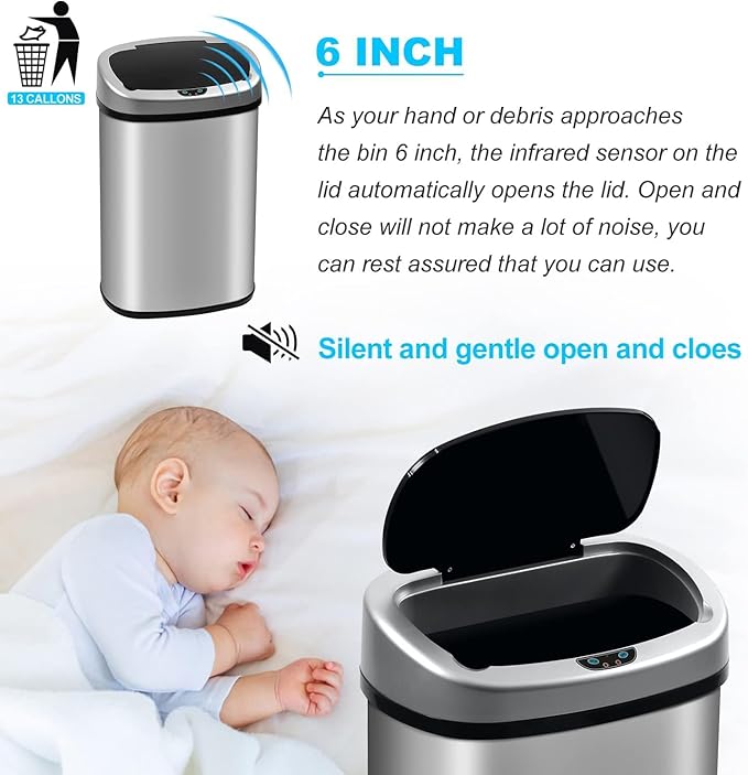 Bigacc Kitchen Trash Can | Stainless Steel 13 Gallon Trash Can | 50L Touch Free Garbage Can with Lid | Electronic Sensor High Capacity Trash Bin for Bathroom Kitchen Office, Silver - Image 4