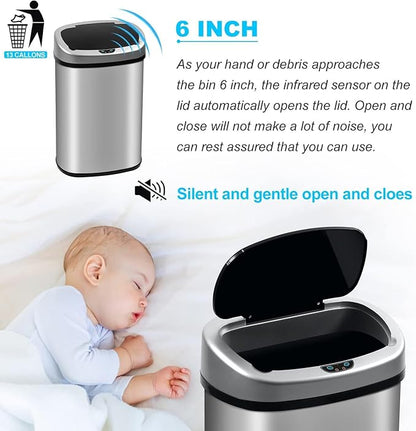 Bigacc Kitchen Trash Can | Stainless Steel 13 Gallon Trash Can | 50L Touch Free Garbage Can with Lid | Electronic Sensor High Capacity Trash Bin for Bathroom Kitchen Office, Silver - Image 4