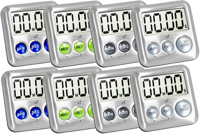 Elegant Digital Kitchen Timer Stainless Steel - Variety 8 Pack - Strong Magnet - Loud Alarm - Large Display - Auto Memory - Auto Shut-Off - (2 Each Silver, Lime, Plumberry, Charcoal 8-Pack) by eTradewinds