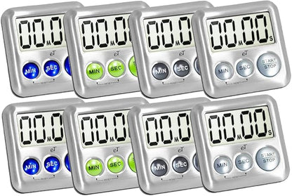 Elegant Digital Kitchen Timer Stainless Steel - Variety 8 Pack - Strong Magnet - Loud Alarm - Large Display - Auto Memory - Auto Shut-Off - (2 Each Silver, Lime, Plumberry, Charcoal 8-Pack) by eTradewinds