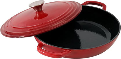 Flavehc Braiser Enameled Cast Iron Braiser 3 qt Braiser Pan with Lid Red Shallow Cast Iron Casserole Braiser Pan with Handels