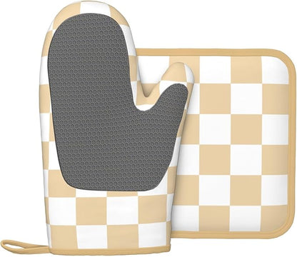 Checkered Beige Silicone Oven Mitts Pan Mats Set of 2, Heat Resistant Gloves Potholder with Non-Slip Grips Hanging Loops Pot Holder, Spring Summer for Chef Cooking, Baking, Grilling, BBQ