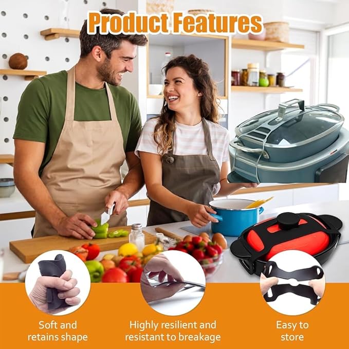 Adjustable Silicone Lid Lock Strap, Compatible with Ninja PossibleCooker Pro 8.5/6.5 Qt and Oval Slow Cookers, Universal 6-Gear Expandable Pot Lid Holder Band for Safe Travel (Matte Black-1PCS)