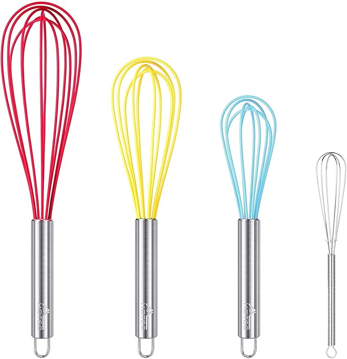 HOTEC 4 Pieces Silicone Whisks Set, Wire Balloon Whisks Egg Beater, Non-slip Handle Whisk for Non-stick Cookware Perfect for Cooking, Stirring, Beating and Blending (Multicolor) by Hotec