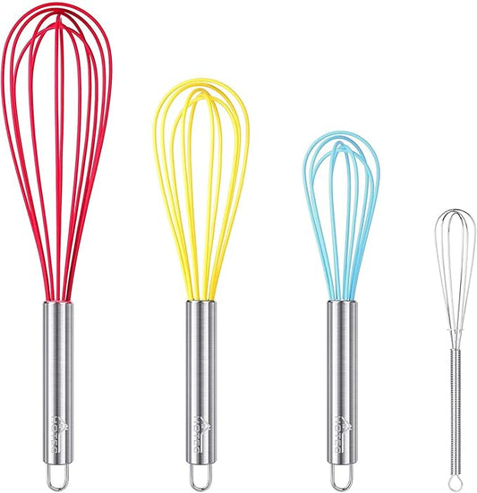 HOTEC 4 Pieces Silicone Whisks Set, Wire Balloon Whisks Egg Beater, Non-slip Handle Whisk for Non-stick Cookware Perfect for Cooking, Stirring, Beating and Blending (Multicolor) by Hotec
