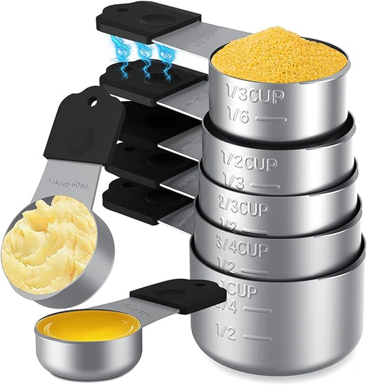 Magnetic Measuring Cups,Stainless Steel Kitchen Aid Cups Measuring set for Liquid & Dry Ingredient,Easy to Read Dishwasher Safe 7 Pcs Black