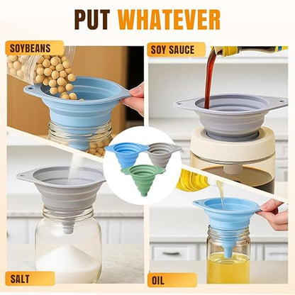 Kitchen Funnel Set 3 Pack, Collapsible Silicone Funnels for Filling Water Bottles & Small Bottles | Food-Grade, Easy Clean & Space-Saving (Green)