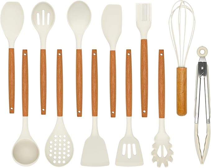 Kitchen Utensils Set - 12 Pcs Silicone Cooking Utensils Set with Wooden Handle - Heat Resistant Non-Stick BPA Free Spatula Set,Turner, Spoon, Brush, Silicone Kitchen Gadgets Utensil Set by SOFSNFood-gradeSiliconeKit