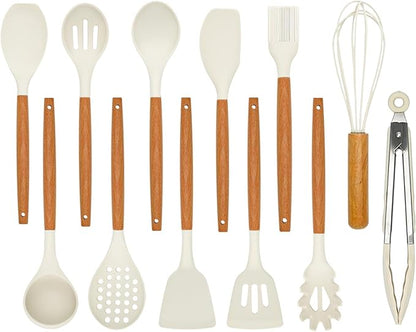 Kitchen Utensils Set - 12 Pcs Silicone Cooking Utensils Set with Wooden Handle - Heat Resistant Non-Stick BPA Free Spatula Set,Turner, Spoon, Brush, Silicone Kitchen Gadgets Utensil Set by SOFSNFood-gradeSiliconeKit
