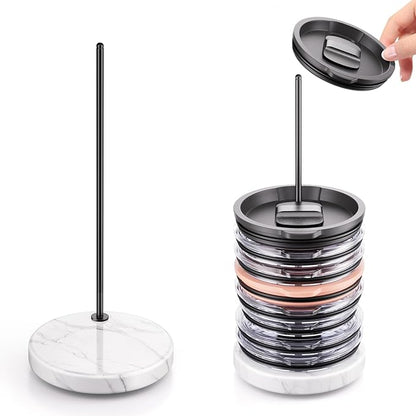 Tumbler Lid Organizer with Marble Base for Stanley /Yeti Tumbler,Space-saving Vertical Cup Lid Holder Storage Design for Up to 10 Lids,Clutter-Free Kitchen Cabinets and Countertops (Black)