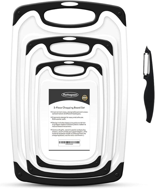 Cutting Boards for Kitchen, Plastic Chopping Board Set of 4 with Non-Slip Feet and Deep Drip Juice Groove, Easy Grip Handle, BPA Free, Non-porous, Dishwasher Safe by ROTTOGOON