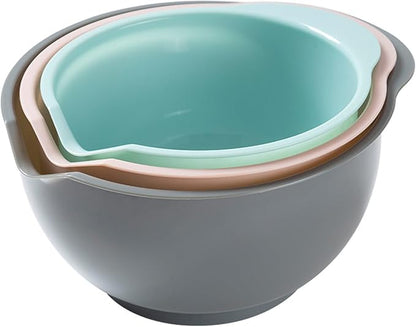 Set of 3 Mixing Bowls with Pour Spout-Nesting Design Saves Space - Non-Slip, BPA Free, Dishwasher Safe Plastic - Kitchen Cooking and Baking Supplies (Green Pink Grey) by Cheeren