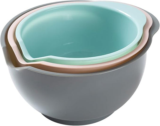 Set of 3 Mixing Bowls with Pour Spout-Nesting Design Saves Space - Non-Slip, BPA Free, Dishwasher Safe Plastic - Kitchen Cooking and Baking Supplies (Green Pink Grey) by Cheeren
