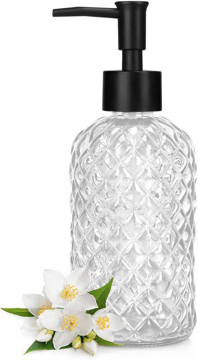 Topsky Gem Glass Soap Dispenser with Black Plastic Pump, 13oz Liquid Hand Soap Dispenser, Rustproof Pump for Kitchen & Bathroom, Great for Lotions, Essential Oil, Liquid Soaps-Clear by HomeandKitchenNO1
