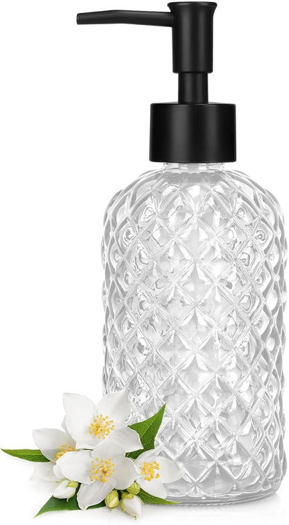 Topsky Gem Glass Soap Dispenser with Black Plastic Pump, 13oz Liquid Hand Soap Dispenser, Rustproof Pump for Kitchen & Bathroom, Great for Lotions, Essential Oil, Liquid Soaps-Clear by HomeandKitchenNO1