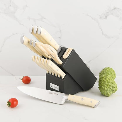 16 Pieces German Steel Knife Block Set, Extra-Long Creamy White Handles for Large Hands & Better Leverage, Professional Kitchen Knife Set with Sharpener & Shears, Modern Black Block - Image 7