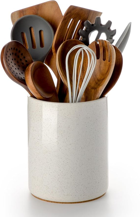 Nucookery Utensil Holder, 6.4" Ceramic Kitchen Utensil Holder for Countertop with Protection Cork Bottom, Vintage Farmhouse Kitchen Decor for Counter, Gift (Sand) by Nucookery
